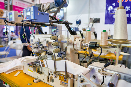 SHENZHEN, CHINA - CIRCA APRIL, 2019: a machine on display at China (Shenzhen) International Brand Underwear Fair space in Shenzhen Convention & Exhibition Center.のeditorial素材