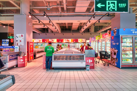 SHENZHEN, CHINA - CIRCA APRIL, 2019: interior shot of Carrefour Le Marche supermarket in Shenzhen.のeditorial素材