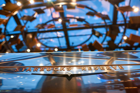 SHENZHEN, CHINA - CIRCA APRIL, 2019: close up shot of coffee machine at Starbucks Reserve Bar in...
