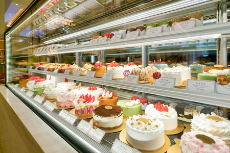 SHENZHEN, CHINA - CIRCA APRIL, 2019: cakes on display at MixC Shenzhen Bay shopping mall.のeditorial素材