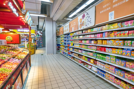 SHENZHEN, CHINA - CIRCA APRIL, 2019: interior shot of Carrefour Le Marche supermarket in Shenzhen.のeditorial素材