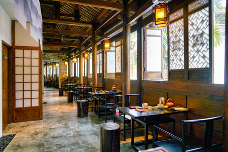 SHENZHEN, CHINA - CIRCA APRIL, 2019: interior shot of Xiao Ke Tang Tea House at Gankeng Hakka Town in Shenzhen. Gankeng Hakka Town is a tourist attraction by OCT Group.のeditorial素材