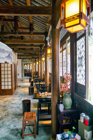 SHENZHEN, CHINA - CIRCA APRIL, 2019: interior shot of Xiao Ke Tang Tea House at Gankeng Hakka Town in Shenzhen. Gankeng Hakka Town is a tourist attraction by OCT Group.のeditorial素材