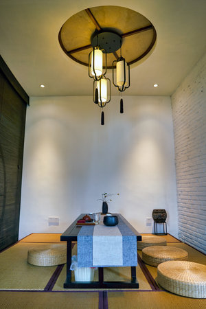 SHENZHEN, CHINA - CIRCA APRIL, 2019: interior shot of Xiao Ke Tang Tea House at Gankeng Hakka Town in Shenzhen. Gankeng Hakka Town is a tourist attraction by OCT Group.のeditorial素材