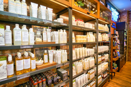 SHENZHEN, CHINA - CIRCA APRIL, 2019: cosmetics products on display at Kiehl's store in Coastal City shopping mall.のeditorial素材