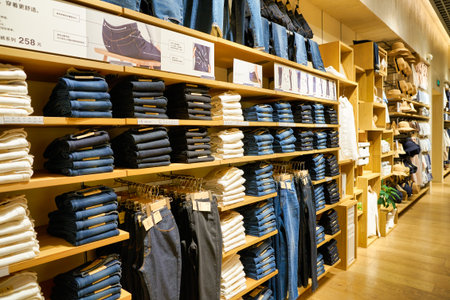 SHENZHEN, CHINA - APRIL 21, 2019: jeans on display at MUJI Store at MUJI HOTEL SHENZHEN.