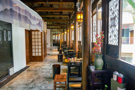 SHENZHEN, CHINA - CIRCA APRIL, 2019: interior shot of Xiao Ke Tang Tea House at Gankeng Hakka Town in Shenzhen. Gankeng Hakka Town is a tourist attraction by OCT Group.のeditorial素材