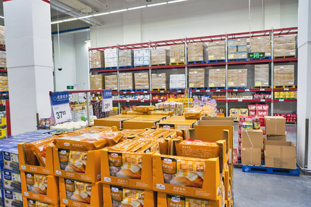 SHENZHEN, CHINA - APRIL 22, 2019: interior shot of Sam's Club store in Shenzhen. Sam's Club is an American chain of membership-only retail warehouse clubs owned and operated by Walmart Inc.のeditorial素材