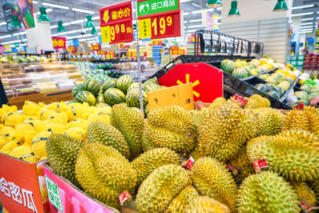 SHENZHEN, CHINA - CIRCA APRIL, 2019: durianes on display at Walmart store in Shenzhen, China.のeditorial素材