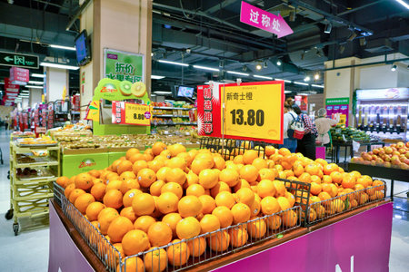 SHENZHEN, CHINA - CIRCA APRIL, 2019: oranges on display at JUSCO store in Shenzhen.