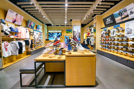 SHENZHEN, CHINA - CIRCA APRIL, 2019: interior shot of Skechers store at a shopping mall in Shenzhen.のeditorial素材