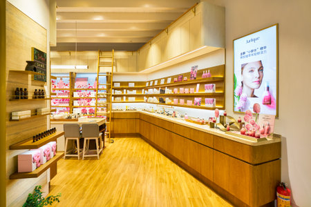 SHENZHEN, CHINA - APRIL 09, 2019: cosmetics products on display at Jurlique store in Coastal City shopping mall. Jurlique International Pty Ltd is an Australian cosmetics manufacturerのeditorial素材