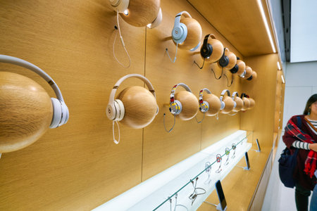 HONG KONG, CHINA - CIRCA JANUARY, 2019: Beats wireless headphones on display at Apple store in Hong Kong.のeditorial素材