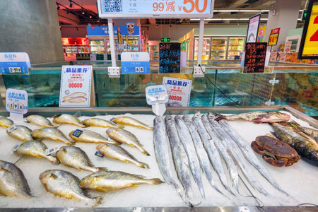 SHENZHEN, CHINA - CIRCA APRIL, 2019: chilled seafood on display at Carrefour Le Marche supermarket...