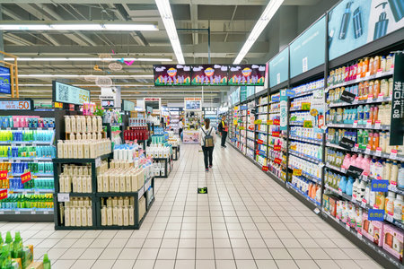 SHENZHEN, CHINA - CIRCA APRIL, 2019: interior shot of Carrefour Le Marche supermarket in Shenzhen.