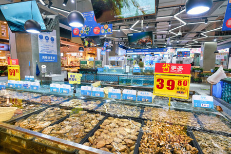 SHENZHEN, CHINA - CIRCA APRIL, 2019: interior shot of Carrefour Le Marche supermarket in Shenzhen.のeditorial素材