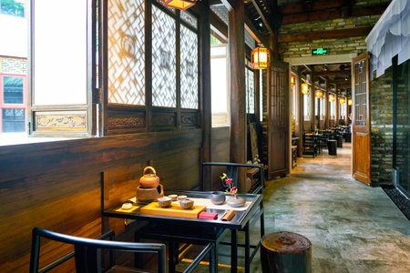 SHENZHEN, CHINA - CIRCA APRIL, 2019: interior shot of Xiao Ke Tang Tea House at Gankeng Hakka Town in Shenzhen. Gankeng Hakka Town is a tourist attraction by OCT Group.のeditorial素材