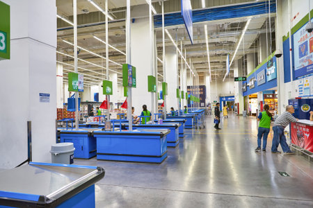 SHENZHEN, CHINA - APRIL 22, 2019: checkout counters at Sam's Club store in Shenzhen. Sam's Club is an American chain of membership-only retail warehouse clubs owned and operated by Walmart Inc.のeditorial素材