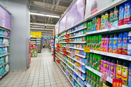 SHENZHEN, CHINA - CIRCA APRIL, 2019: household chemicals on display at Carrefour Le Marche...