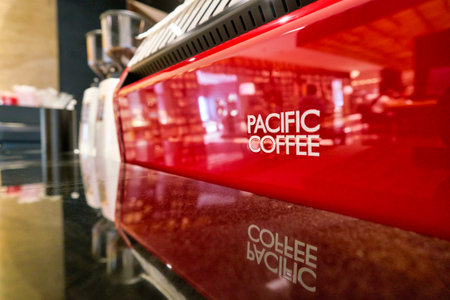 SHENZHEN, CHINA - APRIL 15, 2019: close up shot of coffee machine at Pacific Coffee in Shenzhen.のeditorial素材