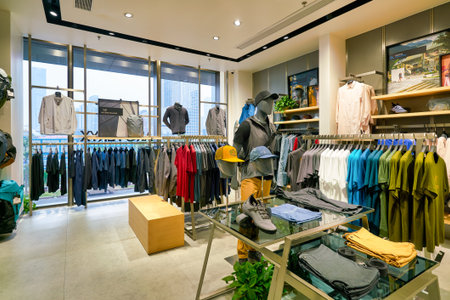 SHENZHEN, CHINA - CIRCA APRIL, 2019: interior shot of Arc'teryx retail store at a shopping mall in Shenzhen. Arc'teryx is a Canadian outdoor high-end clothing and sporting goods company.のeditorial素材