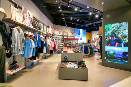 SHENZHEN, CHINA - CIRCA APRIL, 2019: interior shot of Columbia Sportswear retail store at a shopping mall in Shenzhen.のeditorial素材