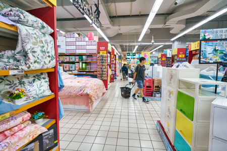 SHENZHEN, CHINA - CIRCA APRIL, 2019: interior shot of Carrefour Le Marche supermarket in Shenzhen.