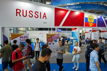 SHENZHEN, CHINA - CIRCA NOVEMBER, 2019: interior shot of China Hi-Tech Fair 2019 at Shenzhen Convention & Exhibition Center.のeditorial素材