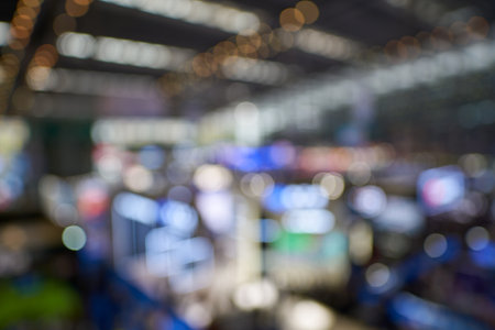 Defocused top view of exhibition stands and people at exhibition center.のeditorial素材