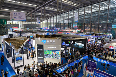 SHENZHEN, CHINA - CIRCA NOVEMBER, 2019: top view of exhibition stands and people at China Hi-Tech Fair 2019 at Shenzhen Convention & Exhibition Center.のeditorial素材