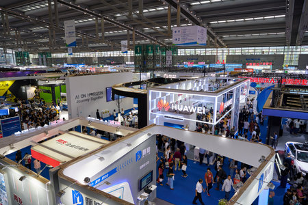 SHENZHEN, CHINA - CIRCA NOVEMBER, 2019: top view of exhibition stands and people at China Hi-Tech Fair 2019 at Shenzhen Convention & Exhibition Center.のeditorial素材