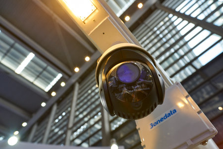 SHENZHEN, CHINA - CIRCA NOVEMBER, 2019: close up shot of CCTV camera at China Hi-Tech Fair 2019 in Shenzhen Convention & Exhibition Center.のeditorial素材