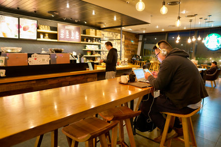 SHENZHEN, CHINA - CIRCA JANUARY  2019: interior shot of Starbucks in Shenzhen.