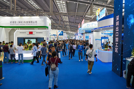 SHENZHEN, CHINA - CIRCA NOVEMBER, 2019: interior shot of China Hi-Tech Fair 2019 at Shenzhen Convention & Exhibition Center.のeditorial素材
