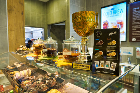 BERLIN, GERMANY - CIRCA SEPTEMBER, 2019: McCafe Winner Barista - Challenge 2018 Cup on display at...