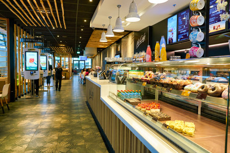 BERLIN, GERMANY - CIRCA SEPTEMBER, 2019: desserts on display at McCafe at a McDonald's store place in Berlin.のeditorial素材