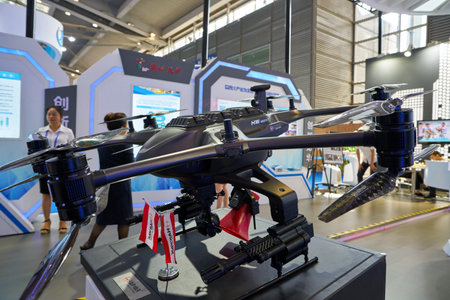SHENZHEN, CHINA - CIRCA NOVEMBER, 2019: unmanned aerial vehicle on display at China Hi-Tech Fair 2019 in Shenzhen Convention & Exhibition Center.のeditorial素材