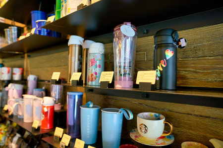 SHENZHEN, CHINA - CIRCA FEBRUARY, 2019: goods on display at Starbucks in Shenzhen.のeditorial素材