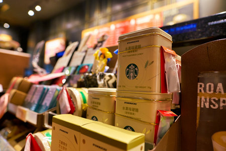 SHENZHEN, CHINA - CIRCA FEBRUARY,  2019: goods on display at Starbucks in Shenzhen.のeditorial素材