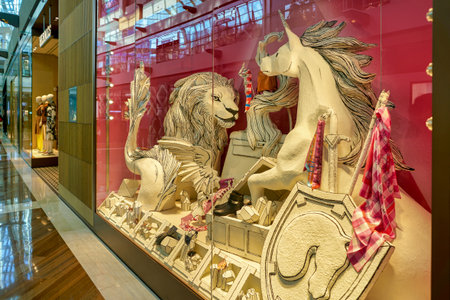 SINGAPORE - CIRCA APRIL, 2019: display window of Hermes store in The Shoppes at Marina Bay Sands.のeditorial素材