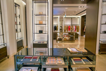 SINGAPORE - CIRCA APRIL, 2019: interior shot of Burberry store in The Shoppes at Marina Bay Sands.のeditorial素材