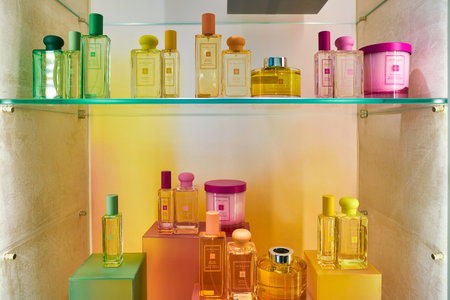 SINGAPORE - CIRCA APRIL, 2019: perfumes on display at Jo Malone London store in the Shoppes at Marina Bay Sands.のeditorial素材