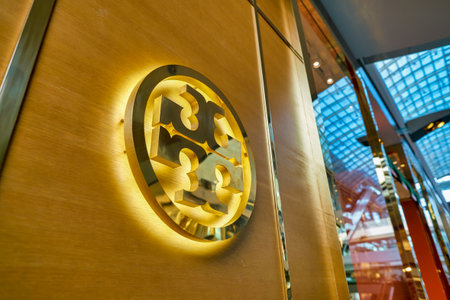 SINGAPORE - CIRCA APRIL, 2019: close up shot of Tory Burch sign seen in The Shoppes at Marina Bay...