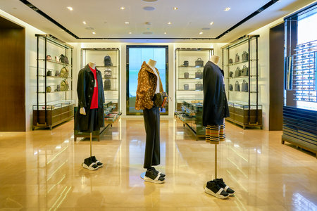 SINGAPORE - CIRCA APRIL, 2019: interior shot of Burberry store in The Shoppes at Marina Bay Sands.
