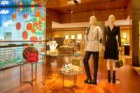 SINGAPORE - CIRCA APRIL, 2019: interior shot of Louis Vuitton store at the Shoppes at Marina Bay...