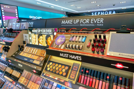 SINGAPORE - CIRCA APRIL, 2019: cosmetics products on display in Sephora at The Shoppes at Marina Bay...