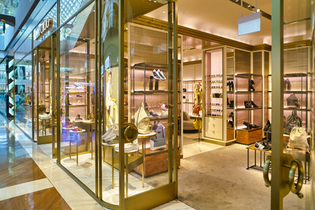 SINGAPORE - CIRCA APRIL, 2019: entrance to Jimmy Choo store in The Shoppes at Marina Bay Sands.のeditorial素材