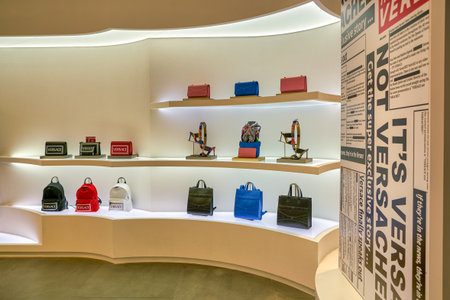 SINGAPORE - CIRCA APRIL, 2019: bags on display at Versace store in The Shoppes at Marina Bay Sands.