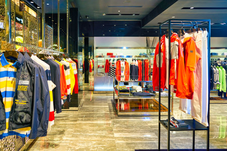SINGAPORE - CIRCA APRIL, 2019: interior shot of Paul & Shark store in the Shoppes at Marina Bay Sands. Paul & Shark is an Italian clothing brand.のeditorial素材