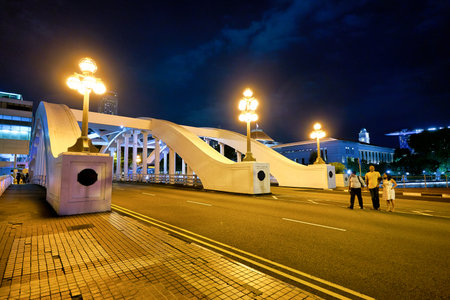 SINGAPORE - CIRCA APRIL, 2019: street level view of a bridge in Singapore at night.のeditorial素材